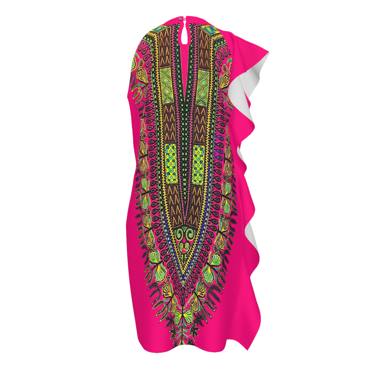Back view of a sleeveless bright pink dashiki-style dress with a large central geometric and tribal-inspired print in green, black, brown, and yellow, shown on a white background.