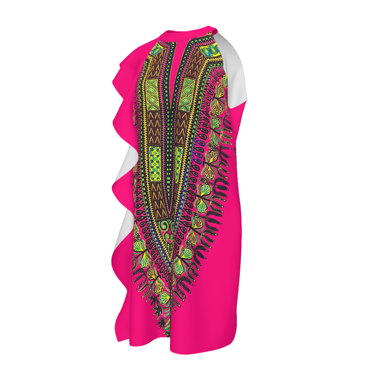 A sleeveless bright pink tunic dress with a white yoke and a large, colorful African dashiki print panel on the front, shown on a plain white background.