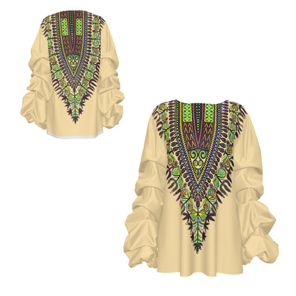 A beige long-sleeve blouse with dramatic ruffled sleeves and a colorful African dashiki-style printed yoke, shown from both front and back views on a white background.