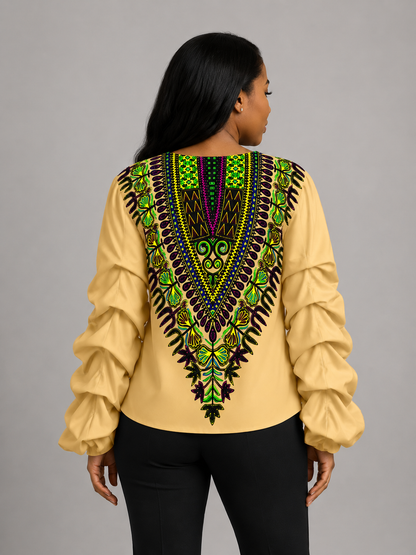 Dashiki Print Ruched Bishop Sleeve Blouse — Crew Neck