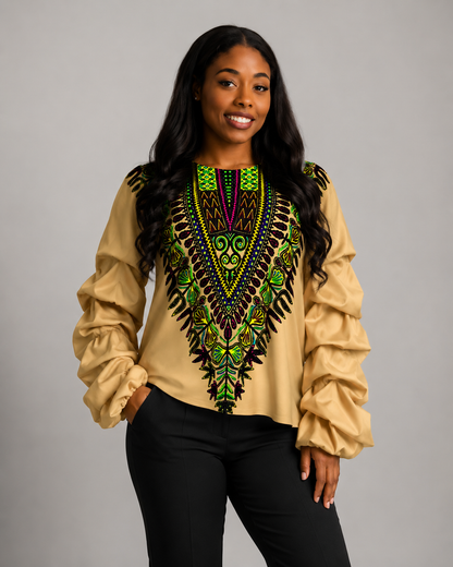 Dashiki Print Ruched Bishop Sleeve Blouse — Crew Neck