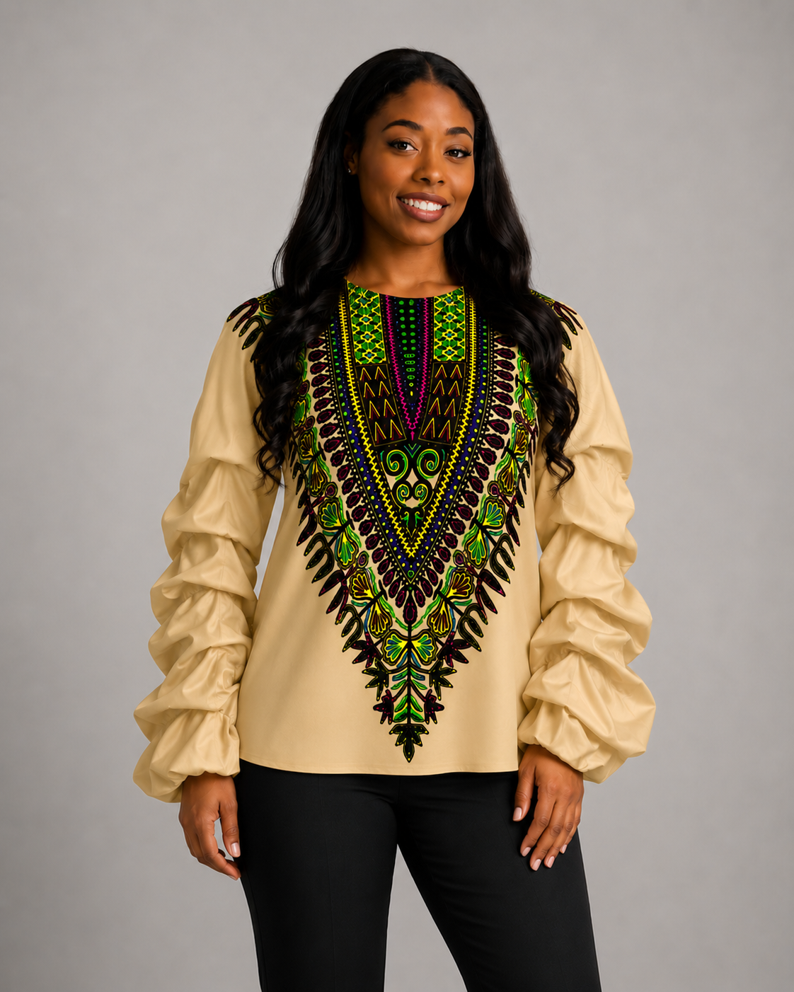 Dashiki Print Ruched Bishop Sleeve Blouse — Crew Neck
