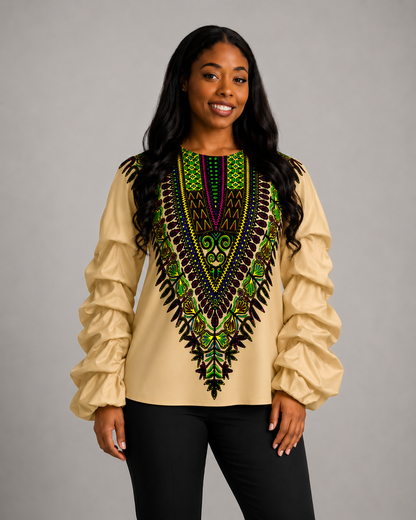 Dashiki Print Ruched Bishop Sleeve Blouse — Crew Neck