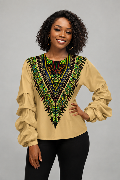 Dashiki Print Ruched Bishop Sleeve Blouse — Crew Neck