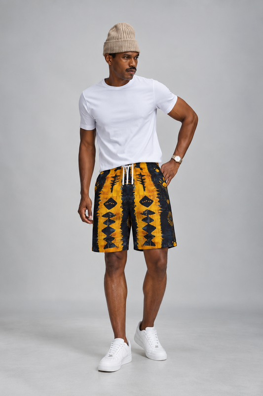 Men's Plus Size Beach Shorts — Bold Tribal Print, Gold & Black