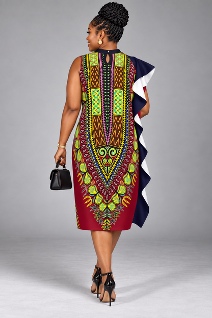 Women's Dashiki Print Ruffle Shift Dress: Burgundy, Navy &amp; Multicolor, Mini/Knee Length