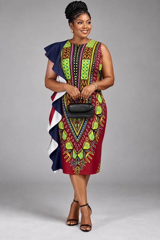 Women's Dashiki Print Ruffle Shift Dress: Burgundy, Navy &amp; Multicolor, Mini/Knee Length