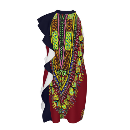 Women's Dashiki Print Ruffle Shift Dress: Burgundy, Navy &amp; Multicolor, Mini/Knee Length
