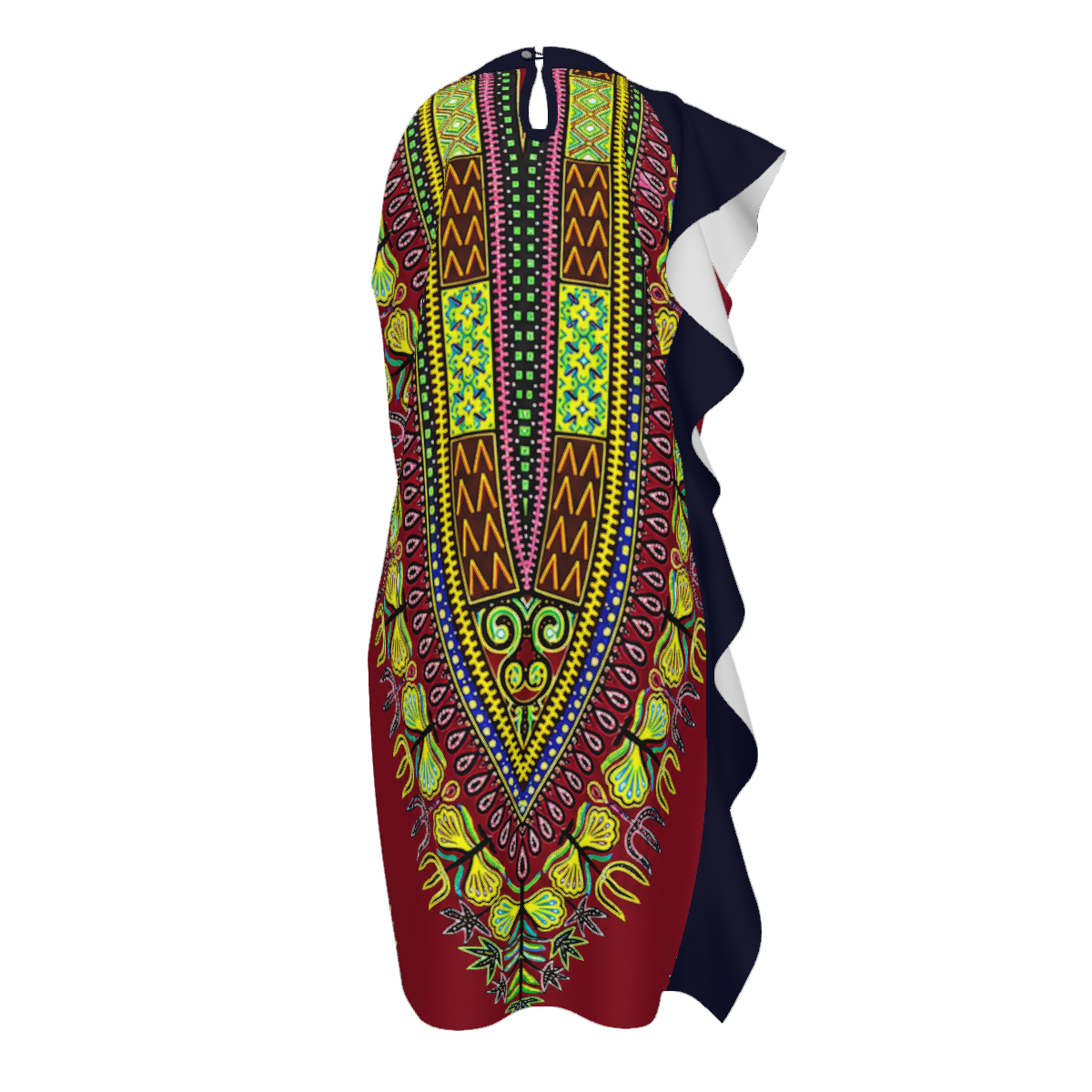 Women's Dashiki Print Ruffle Shift Dress: Burgundy, Navy &amp; Multicolor, Mini/Knee Length