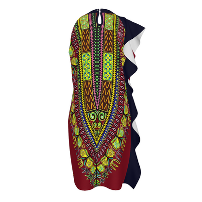 Women's Dashiki Print Ruffle Shift Dress: Burgundy, Navy &amp; Multicolor, Mini/Knee Length