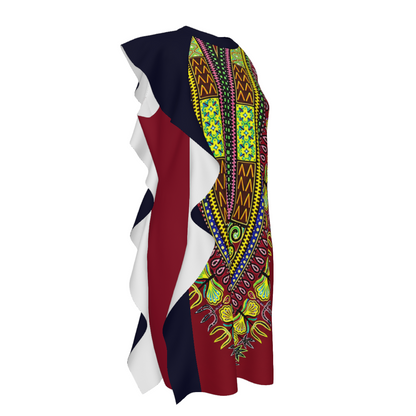 Women's Dashiki Print Ruffle Shift Dress: Burgundy, Navy &amp; Multicolor, Mini/Knee Length