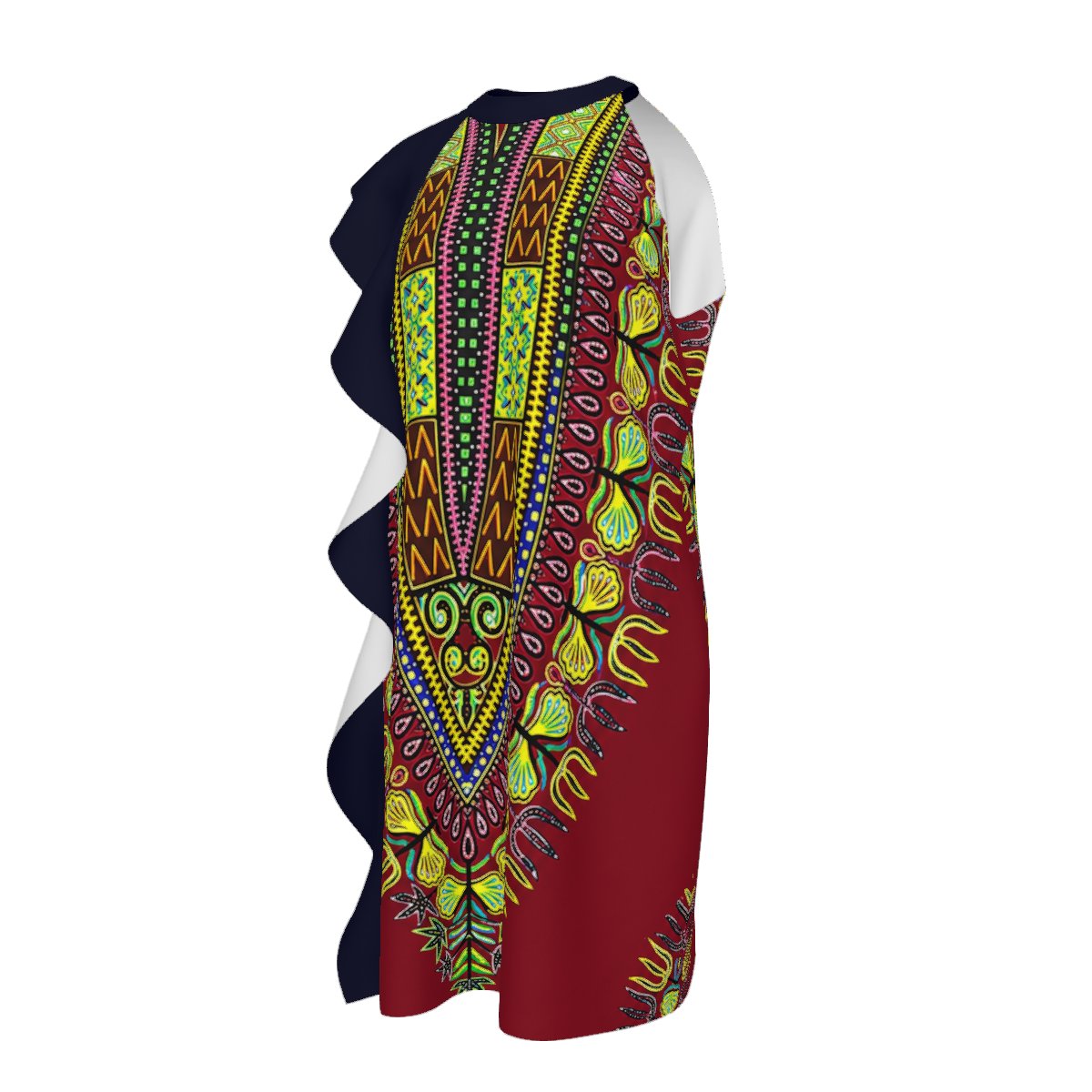Women's Dashiki Print Ruffle Shift Dress: Burgundy, Navy &amp; Multicolor, Mini/Knee Length