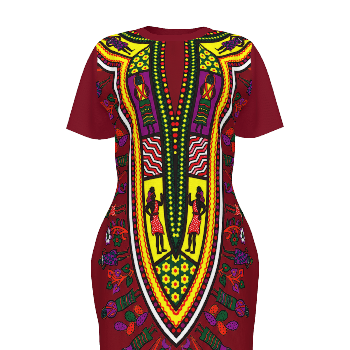 A short-sleeve dashiki dress with a deep V-neck, featuring a rich maroon base color and a highly detailed, symmetrical African wax print design in yellow, green, purple, and red on the front panel.