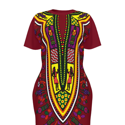 A short-sleeve dashiki dress with a deep V-neck, featuring a rich maroon base color and a highly detailed, symmetrical African wax print design in yellow, green, purple, and red on the front panel.