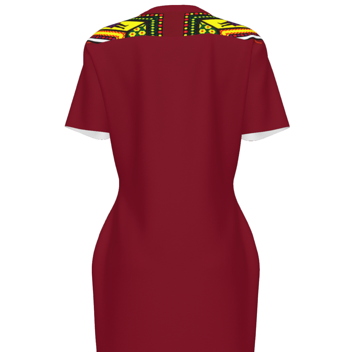 A short-sleeve red dress shown from the back, featuring a colorful geometric pattern in yellow, green, black, and white across the upper back and shoulders.