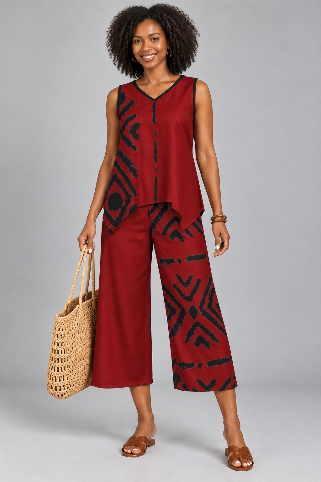 Mudcloth Print V-Neck Top & Wide Leg Pants Set — Red & Black