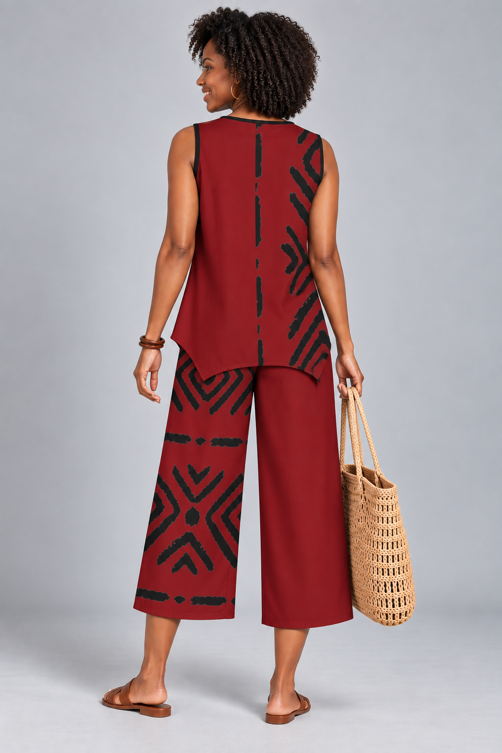 Mudcloth Print V-Neck Top & Wide Leg Pants Set — Red & Black