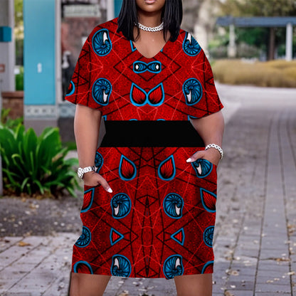 Red Ankara Heritage Plus Size V-Neck Dress – African Print Casual Short Sleeve Pocket Dress