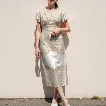 A woman models a short-sleeve midi dress with a cream and gold floral jacquard pattern, standing against a plain beige wall.