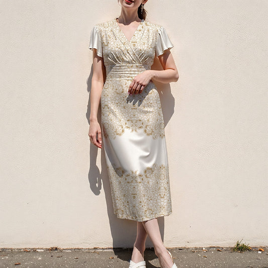 A woman models a short-sleeve midi dress with a cream and gold floral jacquard pattern, standing against a plain beige wall.
