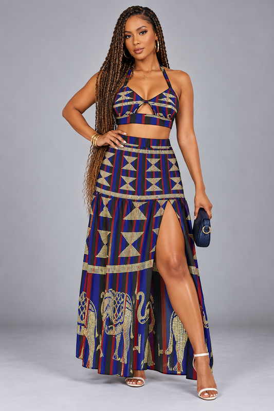 Tribal Print Halter Crop Top & Maxi Skirt Set — Blue, Red & Gold