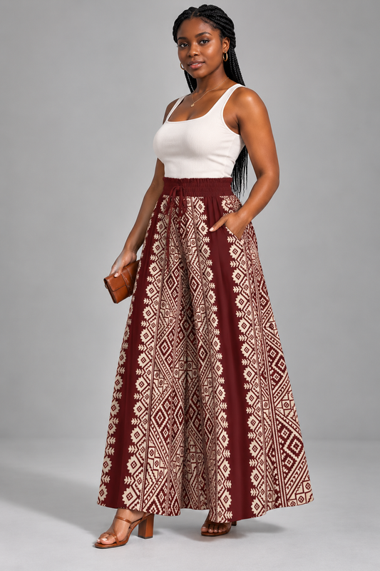 Women's Boho Maxi Pant — Aztec Tribal Print, Burgundy & Cream