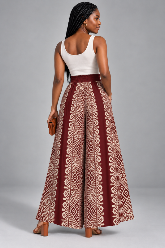 Women's Boho Maxi Pant — Aztec Tribal Print, Burgundy & Cream