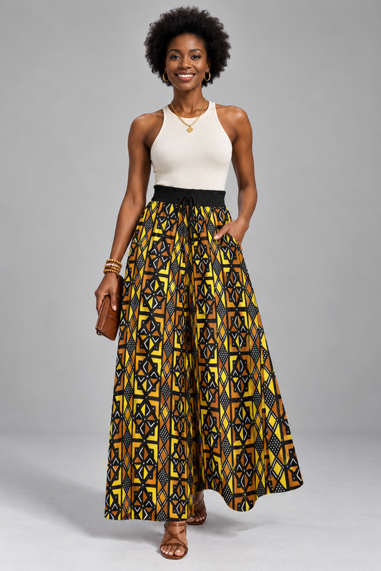 Kente-Inspired Geometric Print Wide-Leg Pants — Gold & Black