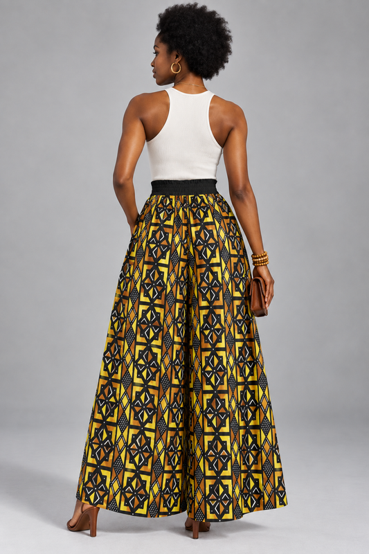 Kente-Inspired Geometric Print Wide-Leg Pants — Gold & Black