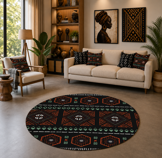 Tribal Geometric Round Area Rug — Black, Orange & Sage