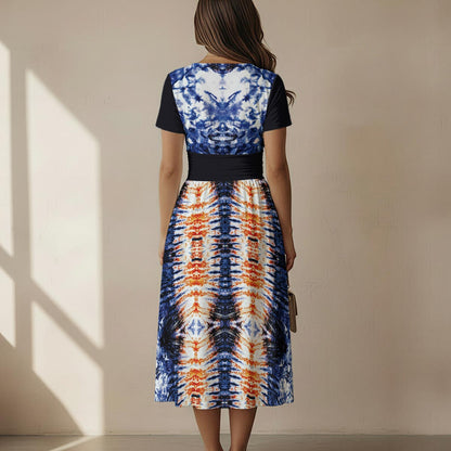 Tie-Dye Print Midi Flared Dress — Contrast Waistband V-Neck
