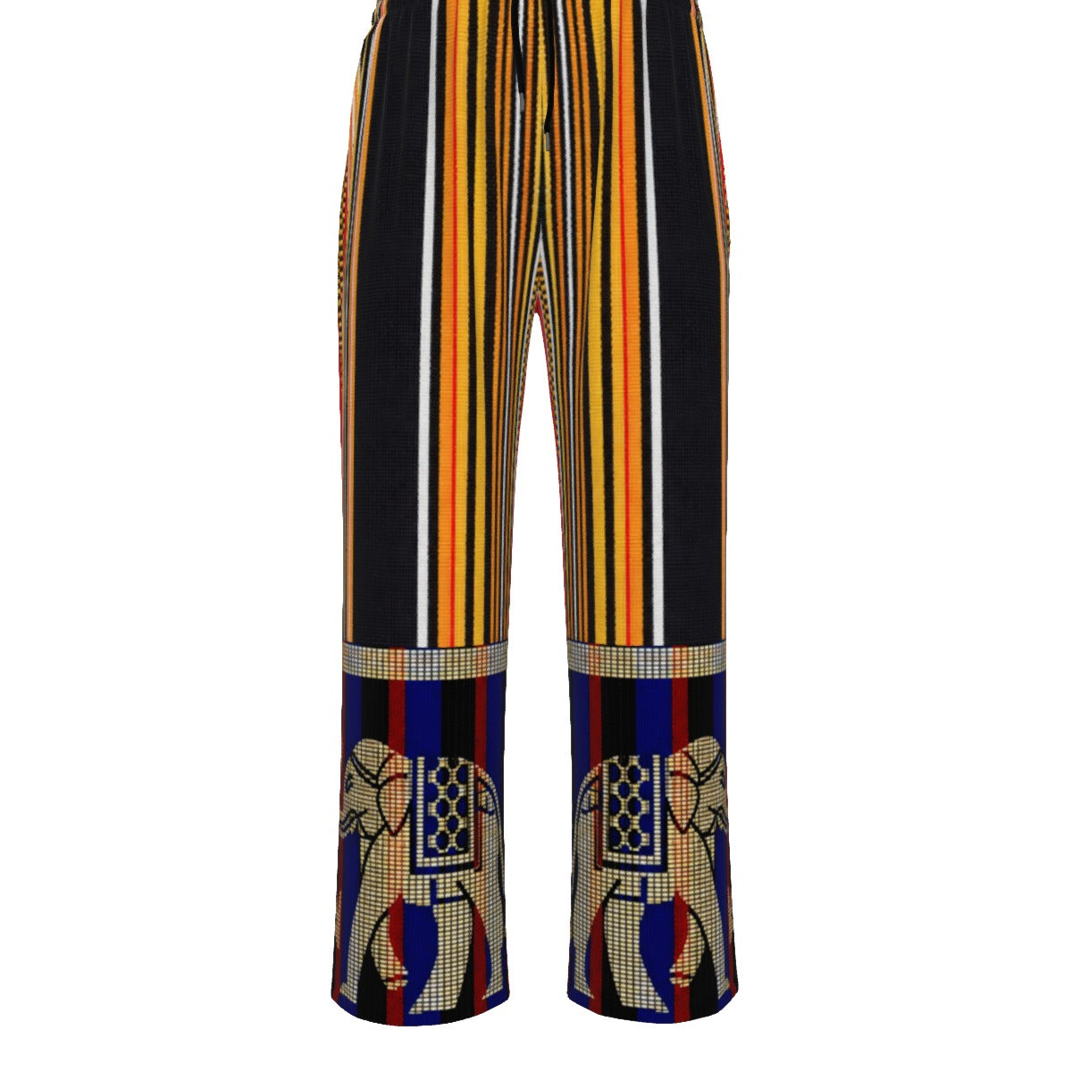 A pair of wide-leg trousers featuring a vertical striped pattern in black, yellow, orange, and white, with a decorative printed panel at the lower hem showing stylized elephant motifs.