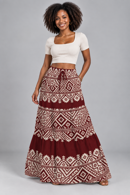 Burgundy Boho Tribal Print Maxi Skirt - Women's Tiered Drawstring Aztec Skirt