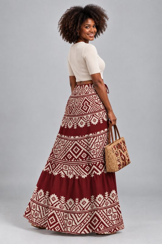 Burgundy Boho Tribal Print Maxi Skirt - Women's Tiered Drawstring Aztec Skirt