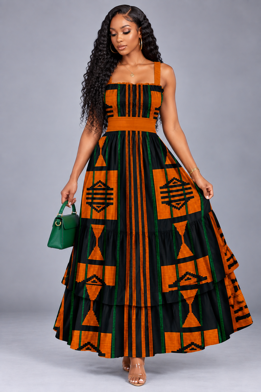 Akwete-Inspired Print Tiered Maxi Dress — Orange, Black & Green