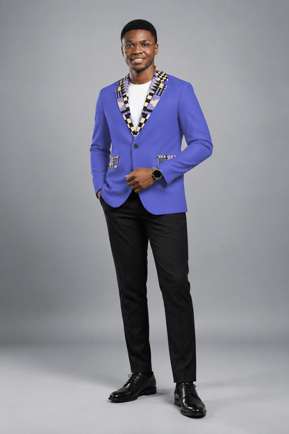 Men's Heritage Print Flat Lapel Collar Blazer — Periwinkle Kente-Trim — 245GSM Cotton