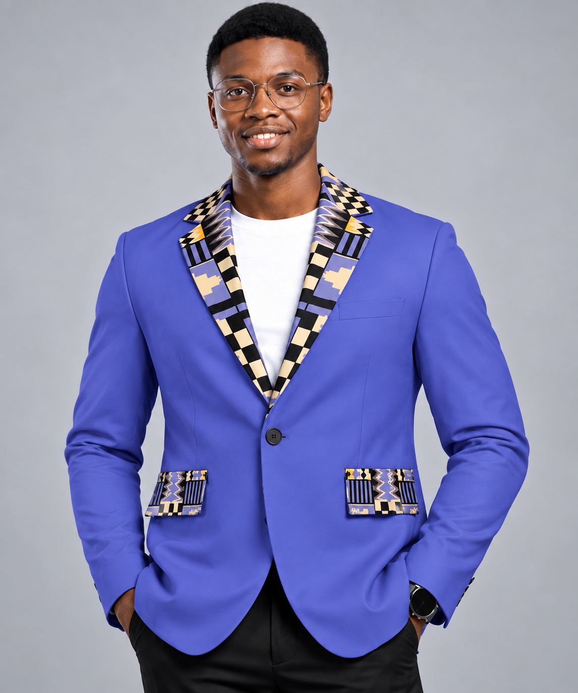 Men's Heritage Print Flat Lapel Collar Blazer — Periwinkle Kente-Trim — 245GSM Cotton