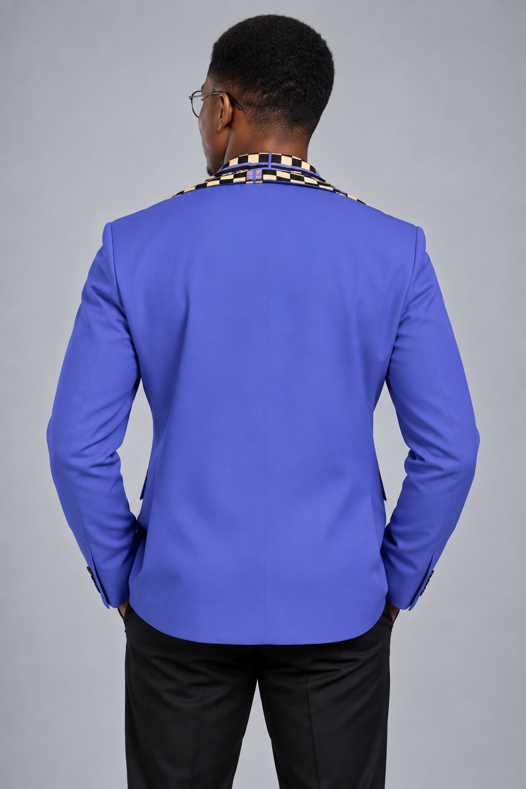 Men's Heritage Print Flat Lapel Collar Blazer — Periwinkle Kente-Trim — 245GSM Cotton
