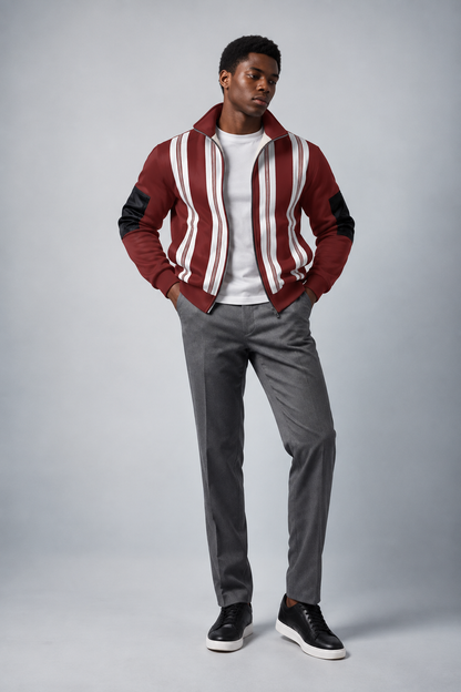 Men's Tribal Print Thick Knit Fleece Zip-Up Jacket — Terracotta Striped Colorblock