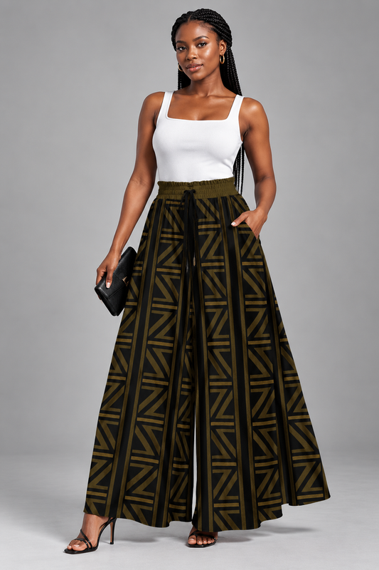 Tribal Geometric Print Wide-Leg Pants — Olive & Black