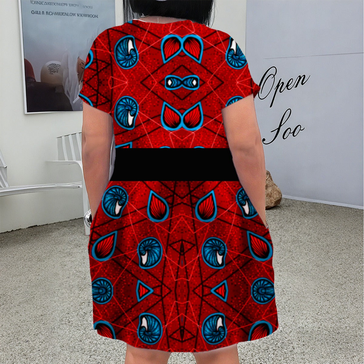 Red Ankara Heritage Plus Size V-Neck Dress – African Print Casual Short Sleeve Pocket Dress