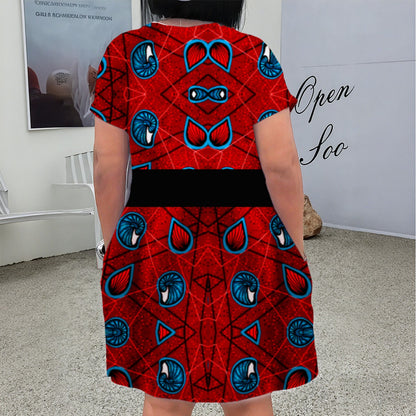 Red Ankara Heritage Plus Size V-Neck Dress – African Print Casual Short Sleeve Pocket Dress