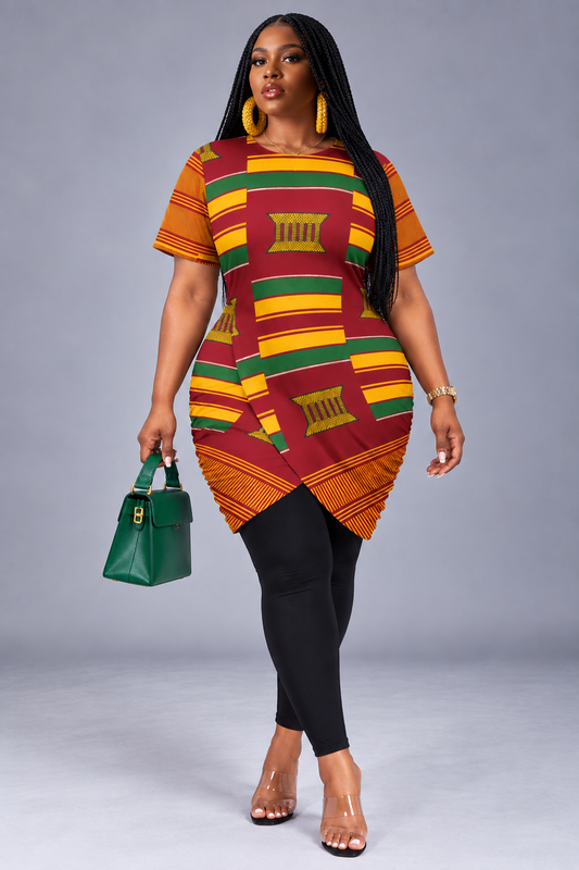 Kente Print Stacked Hem T-Shirt Dress — Red, Gold & Green (Plus Size)