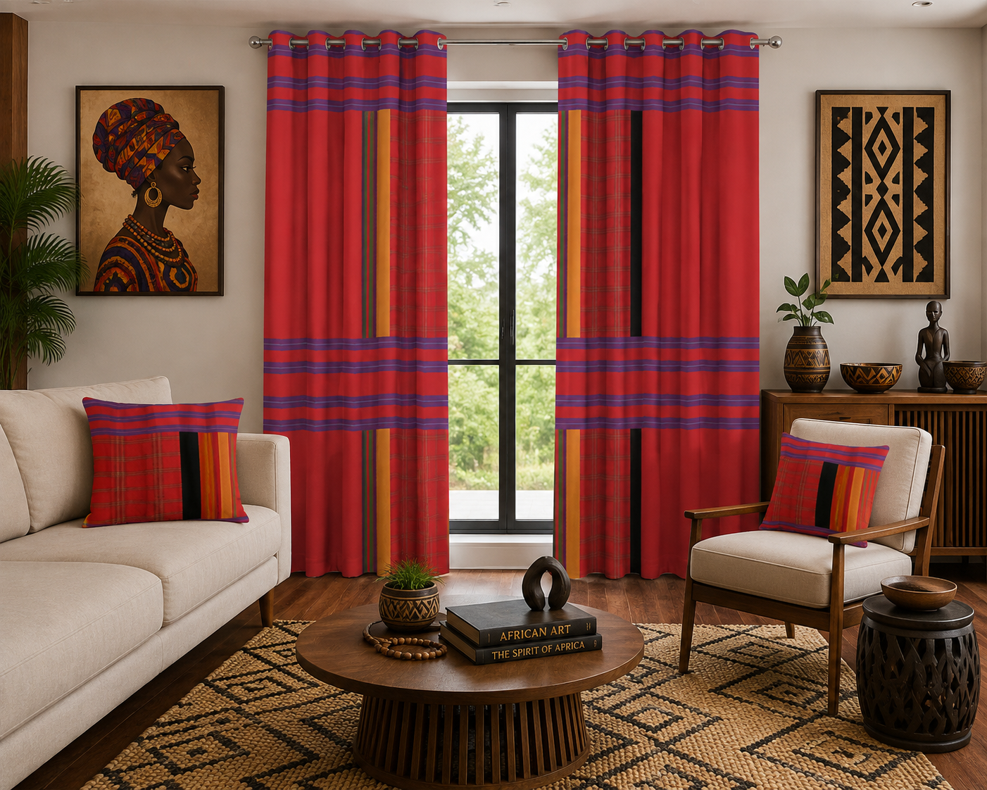 Heritage-Inspired Massai Print Curtains — Red & Purple Stripe