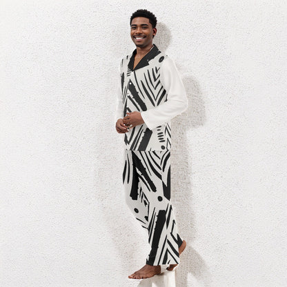 Men's Tribal Print Pajama Set – Long Sleeve Two-Piece Sleepwear with Lapel Collar