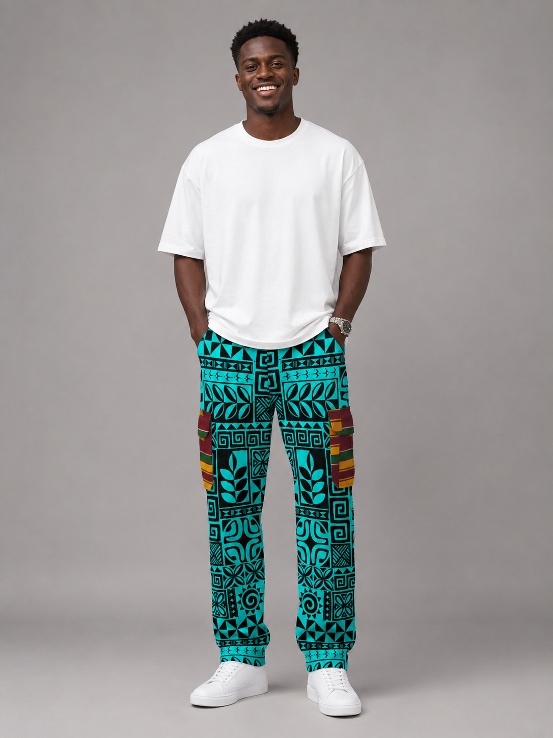 Men's Turquoise Tribal Print Cargo Pants