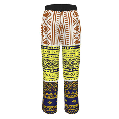 A pair of cropped pants featuring a bold, multi-colored geometric tribal pattern. The design includes vertical bands of brown and white on the upper portion, bright yellow and navy blue on the mid-thighs, and dark blue with gold accents on the lower legs, finished with a solid black waistband.