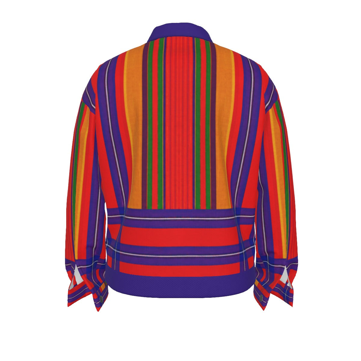 A long-sleeve collared jacket shown from the back, featuring bold vertical stripes in red, orange, yellow, green, and purple with thin white accent lines.