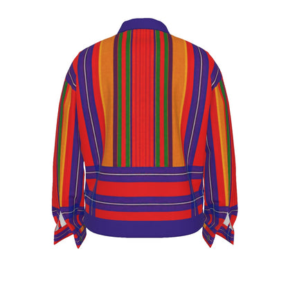A long-sleeve collared jacket shown from the back, featuring bold vertical stripes in red, orange, yellow, green, and purple with thin white accent lines.