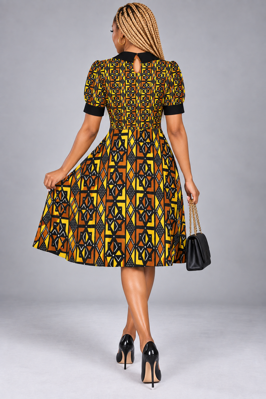 Kente-Inspired Peter Pan Collar Print A-Line Midi Dress